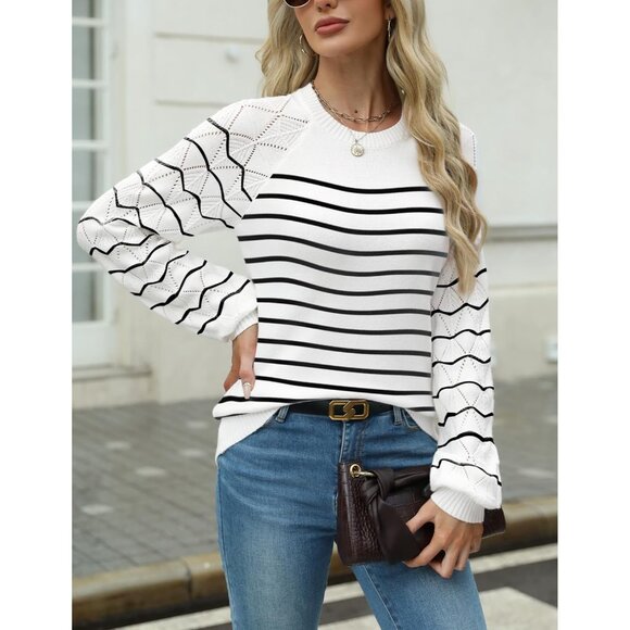 Zeagoo Womens Stripe White Crew Neck Eyelet Long Sleeves Kint Pullover Sweaters - Picture 2 of 5
